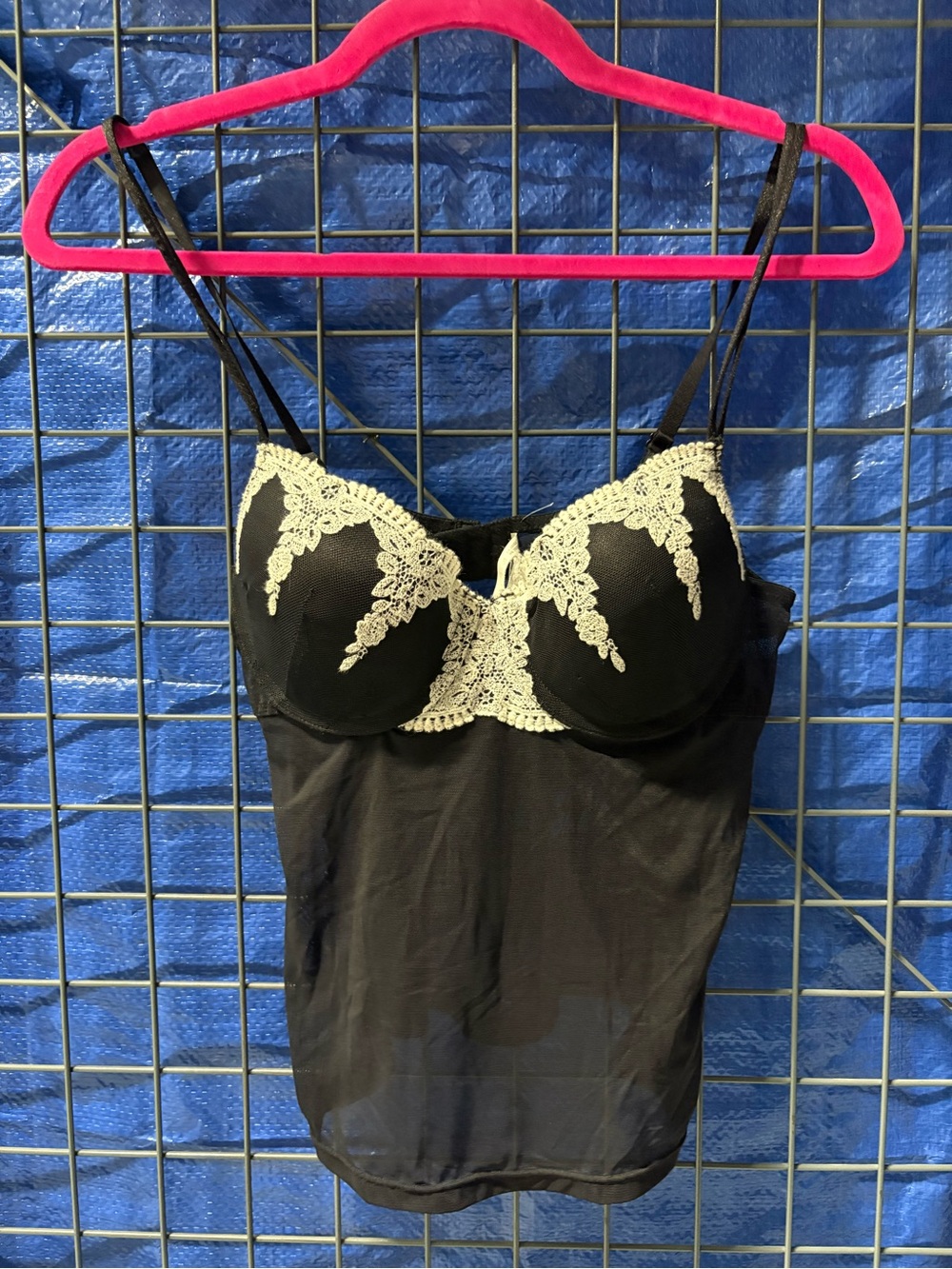 Black Lace-Trimmed Camisole with Ivory Embroidery
